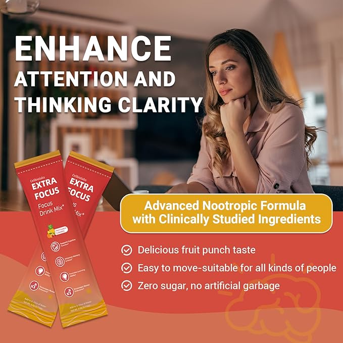 Nootropic Extra Focus Drink Mix, 30 Packs On-The-Go Sticks, Featuring Alpha-GPC, Lion's Mane & Rhodiola, Sugar-Free Packets Fruit Punch Clean Drink Mix