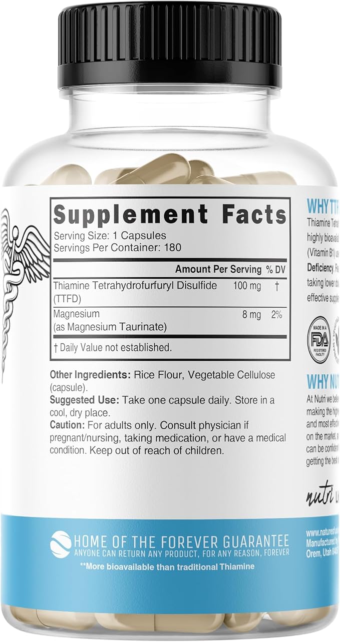 Nutri TTFD Thiamine B1 Supplement - 100mg 180 Servings - Thiamine TTFD Supplement - With 6mg Magnesium - No Toxic Fillers - TTFD Thiamine Tetrahydrofurfuryl Disulfide - Third Party Lab Tested