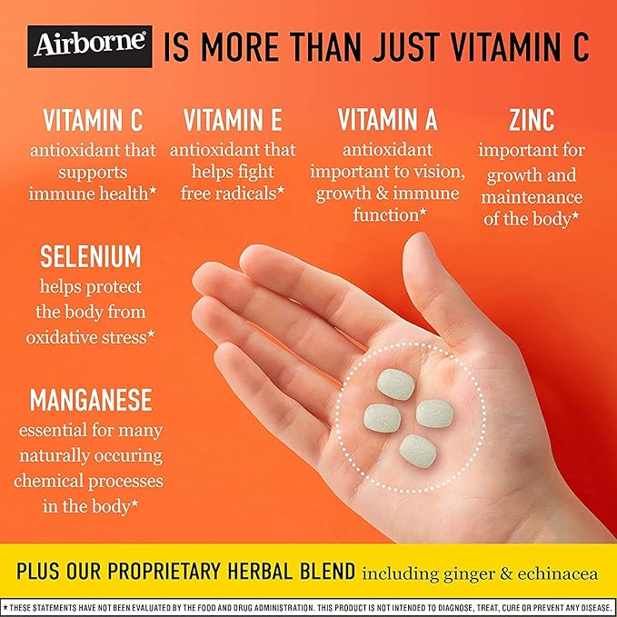 Airborne 1000mg Vitamin C + Zinc Immune Support Supplement Chewable Tablets, Very Berry & Citrus Flavor with Powerful Antioxidants Vitamins A C & E, 116 Chewable Tablets (Very Berry + Citrus)