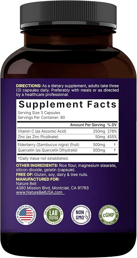 NatureBell Elderberry Quercetin 4-in-1 with Vitamin C & Zinc, 240 Capsules | Traditional Herbal Supplement | 500mg Sambucus Nigra, 500mg Quercetin, 250mg Vitamin C, 50mg Zinc Picolinate per Serving