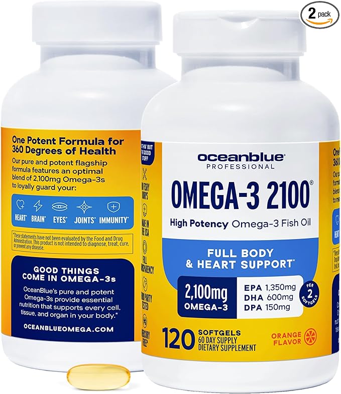 Oceanblue Professional Omega-3 2100mg Fish Oil Supplement Triple Strength, High Potency EPA, DHA & DPA Burpless, Wild-Caught, Natural Orange Flavor 120 Count Softgels (Pack of 2)