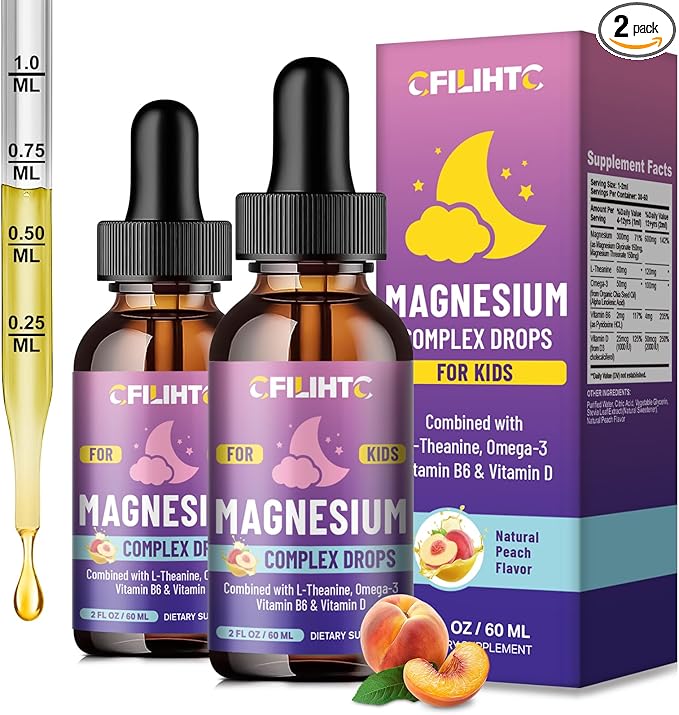 Kids Magnesium Liquid Drops-Magnesium Glycinate Liquid for Kids Supplement-w/L-theanine, Omega-3, Vitamin B6, D3 - for Sleep, Relaxation, Brain, Bones - Peach Flavor, 4 Fl Oz
