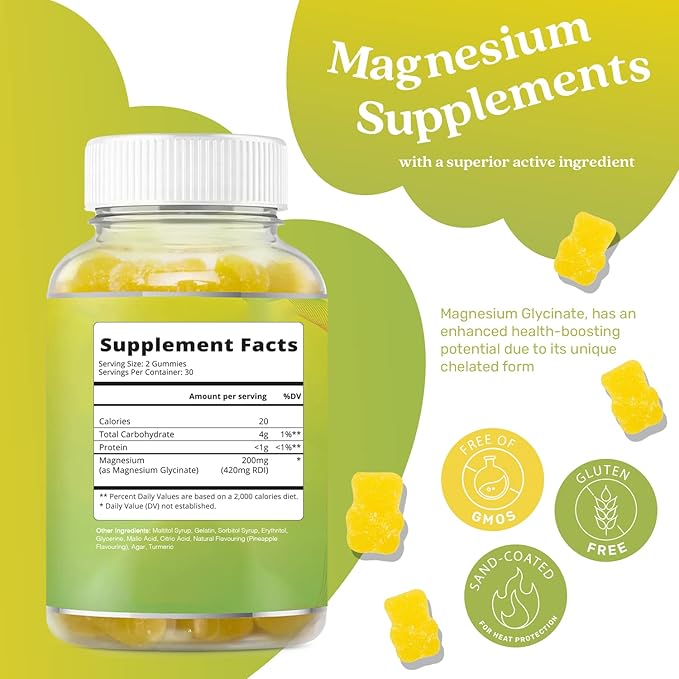 BeLive Magnesium Glycinate Gummies 200 mg - Sugar Free Supplement for Muscle Relaxation, Sleep Support, & Heart Health for Adults & Kids - Pineapple Flavor - 60 Count