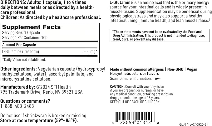 Klaire Labs SFI Health L Glutamine Capsules - 500 Milligrams Hypoallergenic Amino Acids Supplement - Supports Muscle & GI Function - Dairy Free & Gluten Free (100 Capsules)
