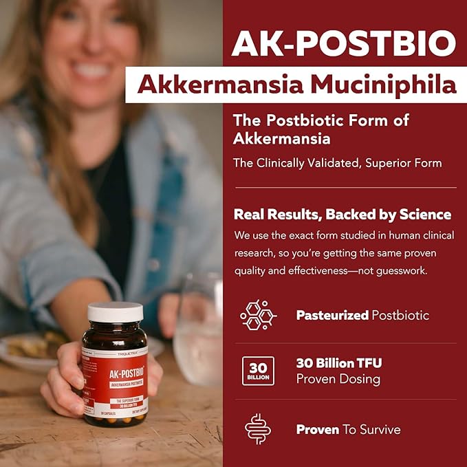AK-Postbio: Akkermansia Probiotic 30 Billion TFU - Max Strength, Clinically Validated Dose & Patented Strain - Superior Pasteurized Form, Highest Absorption, Delivery - GLP-1 Probiotic - 30 Servings