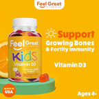 Feel Great Kids Vitamin D3 1000 IU | Kids Vitamin D Gummies for Healthy Bones, Mood, & Immune Support | Citrus Flavored Vegetarian D3 Gummies | 90 Day Supply