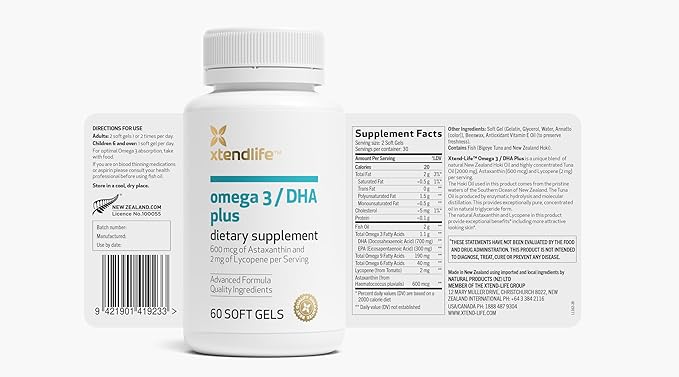 Xtendlife Omega 3 DHA Plus Fish Oil for Heart, Brain, Eye & Skin Health - 1100mg Omega-3 with DHA, EPA, Lycopene & Astaxanthin - 1 Month Supply (60 Count)