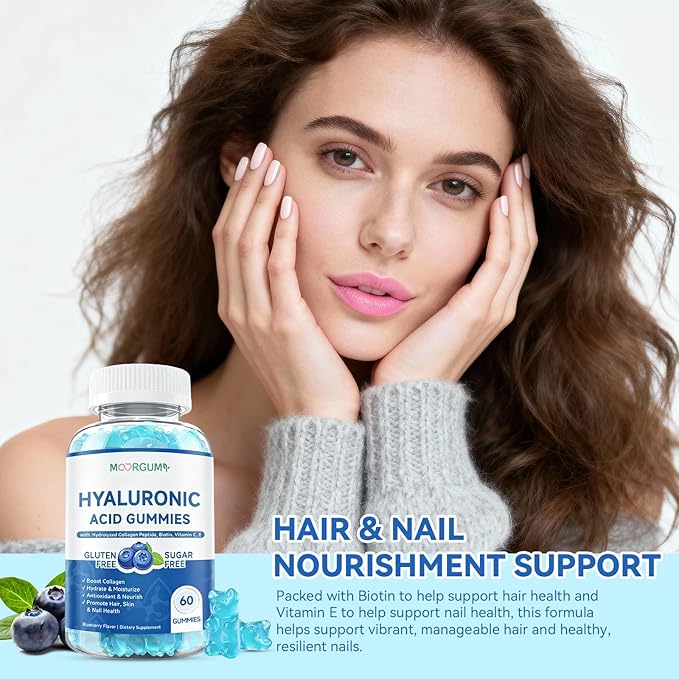 1000mg Hyaluronic Acid & Collagen Peptide Supplements with Biotin, Vitamins C & E - Hair Skin Nails Health Support for Men & Women, Blueberry Flavor, Gluten-Free 120 Gummies