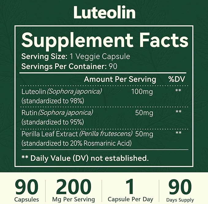 Luteolin Supplement, 98% Ultra-Purity Luteolin Extract – Plant-Based Flavonoid Supplement for Brain Health, Immune Support & Inflammatory Balance – Made in USA, 90 Vegan Capsules