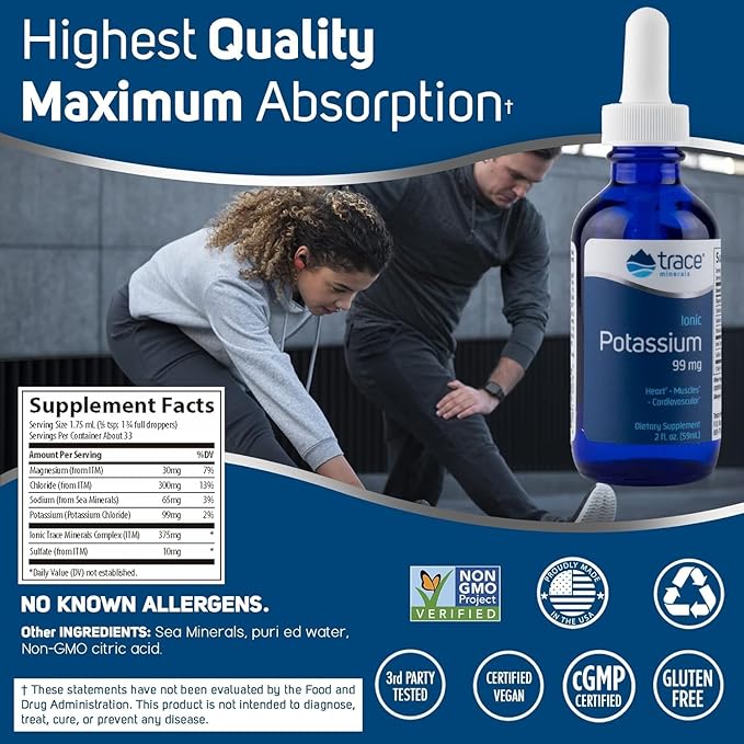 Trace Minerals Ionic Potassium - Liquid Potassium Supplement for Healthy Brain & Muscle Function - Nerve Support - Easy Absorption - Vegan - Non-GMO - Unflavored - 2 fl oz (32 Servings)