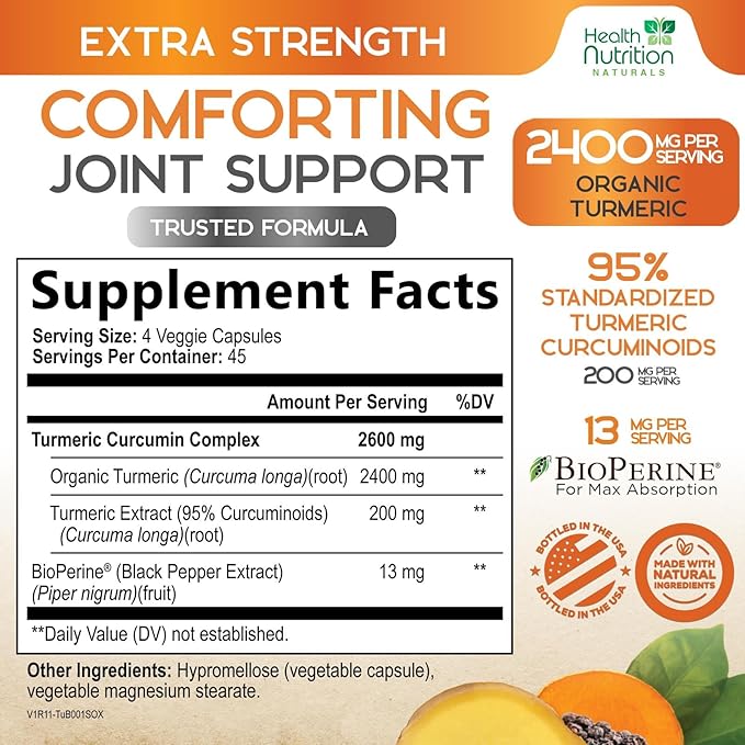 Turmeric Curcumin Supplement 2600mg - 95% Curcuminoids with Organic Turmeric & BioPerine Black Pepper for Best Absorption, Nature's Vegan Joint Support, Non-GMO Tumeric, Bottled in USA - 180 Capsules