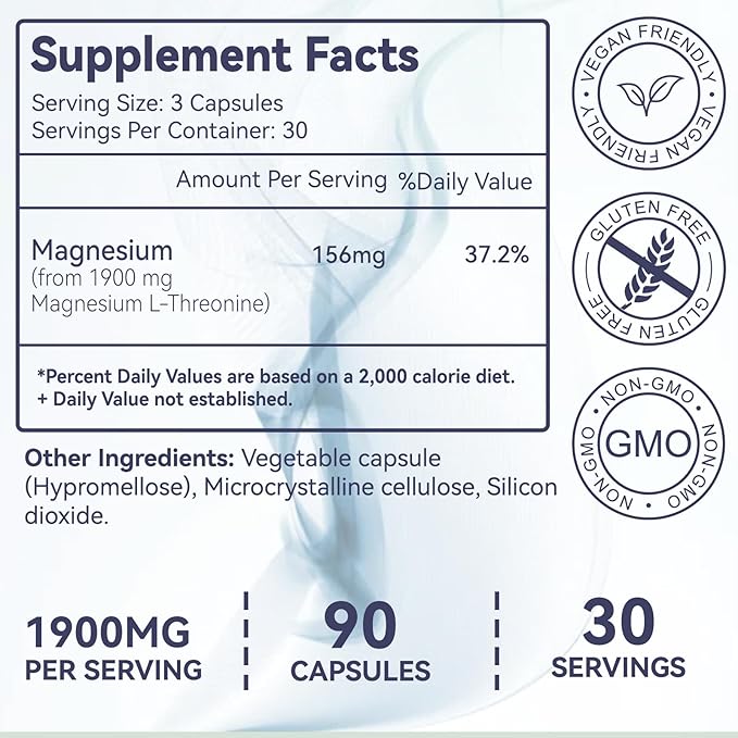 2 Pack Magnesium L-Threonine, High Absorption Magnesium Supplement,1900mg Magnesium Threonine, Gluten Free, 180 Vegan Capsules