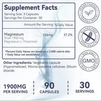Magnesium L-Threonine, High Absorption Magnesium Supplement,1900mg Magnesium Threonine,Gluten Free, 90 Vegan Capsules