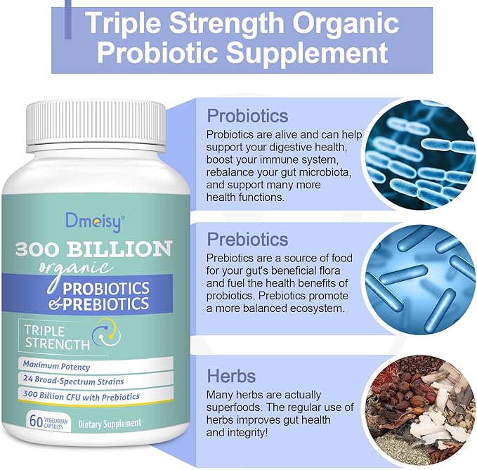 Probiotics for Women and Men, 300 Billion CFU 24 Strains Probiotics + 15 Organic Herbs Prebiotics Blend, Shelf Stable Gut Health Supplement for Digestive Immune & Whole-Body Health, 8 Month Supply