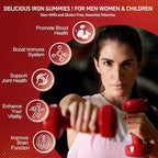 Iron Supplement Gummies, 65mg Iron for Women Men Kids, Natural Vegan Iron Gummy with Folate Gentle on Stomach, Gluten Free, Energy Support & Immune Health, 60 Gummies