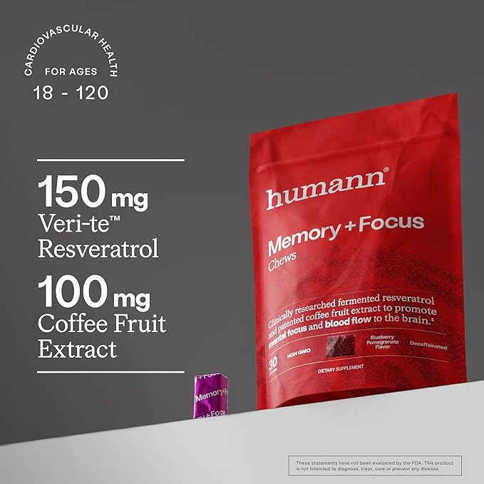 Humann Memory and Focus Chews, Brain Supplement for Mental Alertness with Beet Root Powder, Clinically Studied Nootropics, Resveratrol Plus Beet Root Powder, Blueberry Pomegranate Flavor, 30 Count