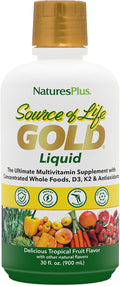 NaturesPlus Source of Life GOLD Multivitamin Liquid 30 oz - Supports Energy Production, Healthy Immune System & Well-Being - Includes Vitamins D3, B12, K2 & Over 120 Whole Food Nutrients - 30 Servings