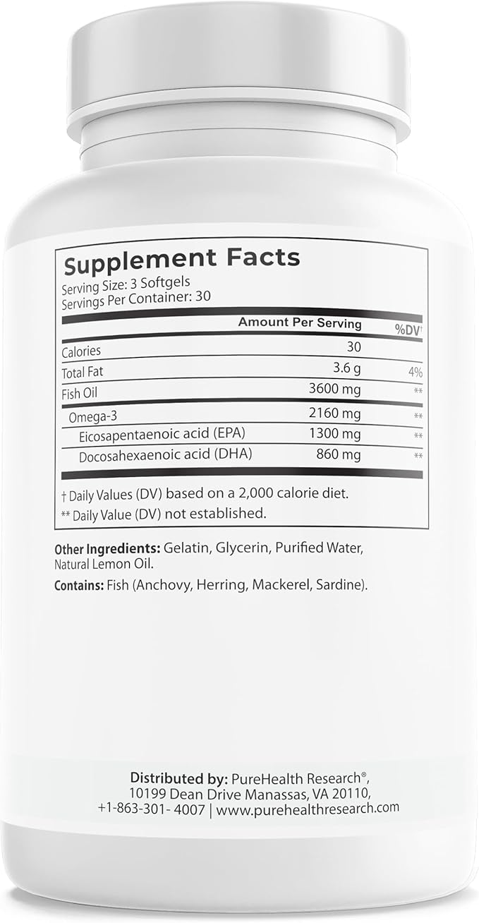 PUREHEALTH RESEARCH Complete Omega 3 Fish Oil Softgels - Omega-3 Fatty Acid Supplements for Women & Men - EPA DHA Supplement for Hearth, Brain & Vision Support - Non-GMO- 90 Soft Gels
