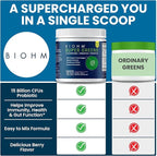 BIOHM Super Greens, Green Superfood Powder (8.5 Oz, 30 Servings) Antioxidant Veggie Powder & Smoothie Mix, 34 Superfoods & Spirulina, Digestive Enzymes, Prebiotics and Probiotics, Mixed Berry Flavor