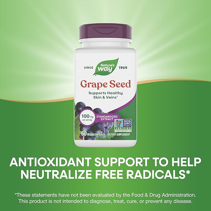 Nature's Way Grape Seed Standardized Extract, Supports Healthy Skin and Veins*, Antioxidant Support*, Non-GMO Project Verified, 60 Vegan Capsules (Packaging May Vary)