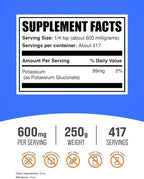 BulkSupplements.com Potassium Gluconate Powder - for Hydration Support, Mineral Supplement, Potassium 99mg - Gluten Free, 600mg per Serving, 250g (8.8 oz) (Pack of 1)