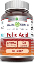 Amazing Formulas Folic Acid 5000 Mcg per Serving | Tablets Supplement | Non-GMO | Gluten-Free | Made in USA (1 Pack | 120 Count)