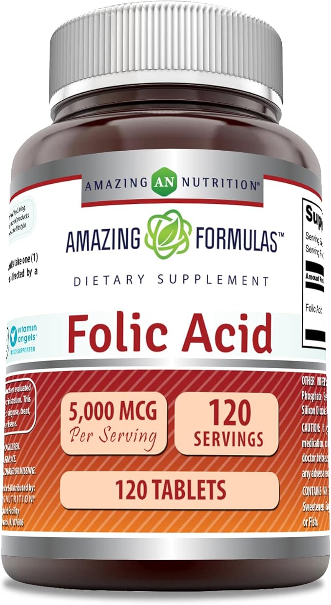 Amazing Formulas Folic Acid 5000 Mcg per Serving | Tablets Supplement | Non-GMO | Gluten-Free | Made in USA (1 Pack | 120 Count)