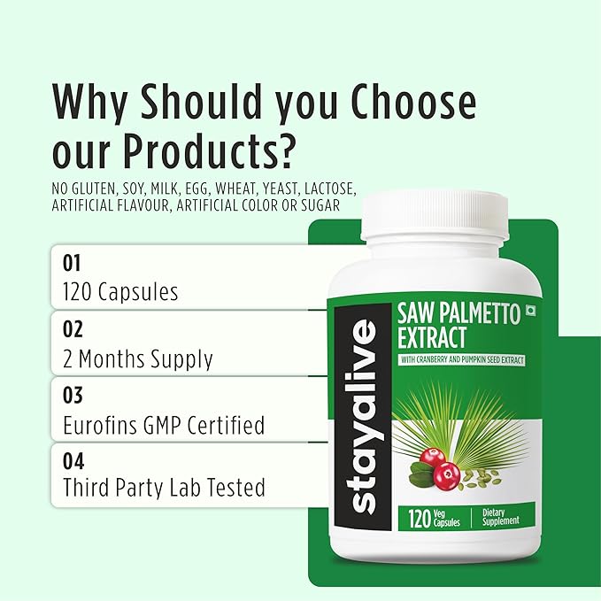 STAY ALIVE Saw Palmetto Extract Capsules w/Cranberry & Pumpkin Seed Oil, 120 Vegan Pills, Extra Strength Saw Palmetto for Men and Women, Non-GMO, Gluten-Free Pumpkin Seed Supplement