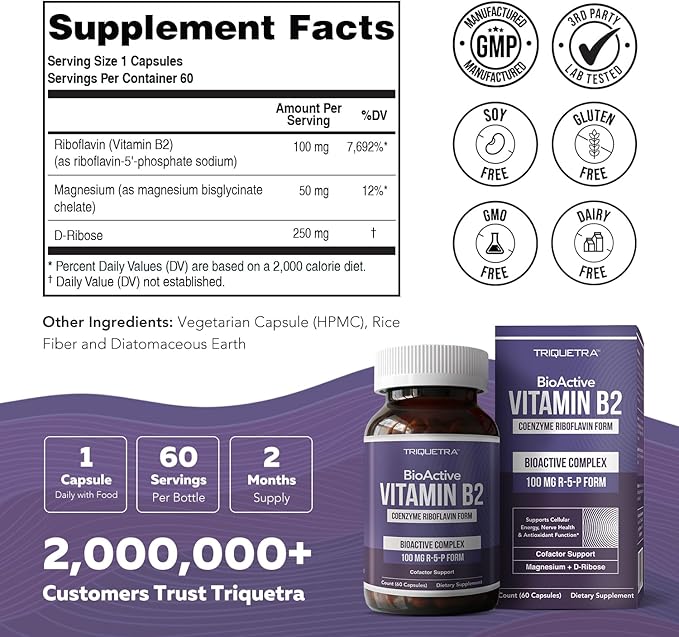 BioActive Vitamin B2 - Coenzyme Riboflavin for Cellular Energy Support, Enzyme Support, Nerve Health Support - 100mg MG R-5-P Form, Soy-Free, Gluten-Free, GMP Manufactured (60 Capsules)