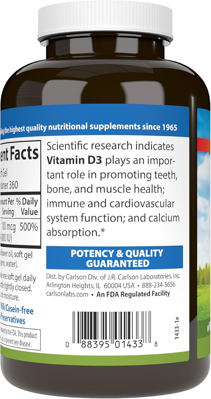 Carlson - Vitamin D3, 4000 IU (100 mcg), Bone & Immune Health, Cholecalciferol Supplement, Gluten Free Vitamin D Capsules, 360 Softgels
