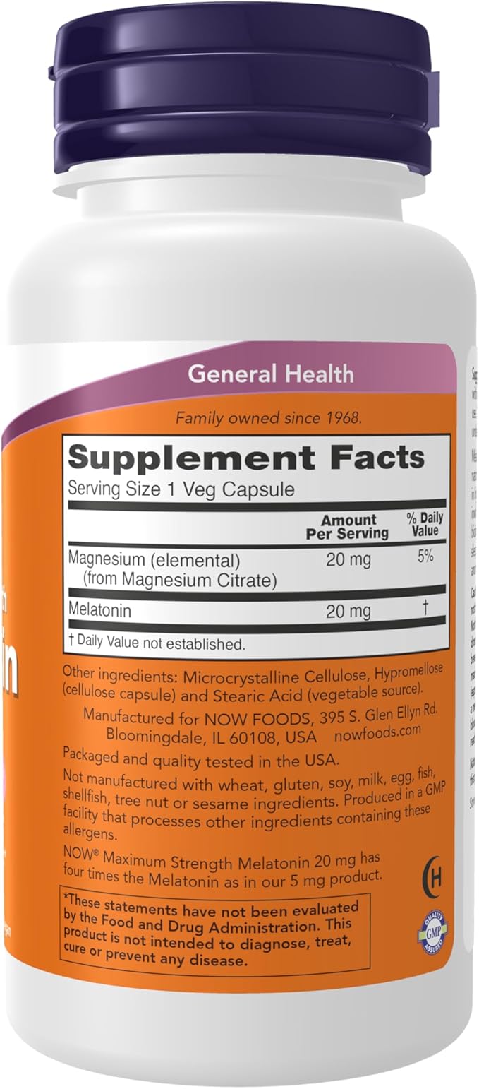 NOW Foods Supplements, Maximum Strength Melatonin 20 mg, Healthy Sleep Cycle*, Free Radical Scavenger*, Gastrointestinal Support*, 90 Veg Capsules