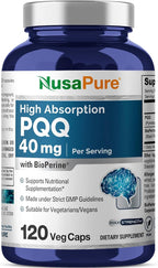 NusaPure PQQ Supplement 40 mg, 120 Veggie Capsules, Non-GMO, Pyrroloquinoline Quinone Disodium Salt, Bioperine & Vegan