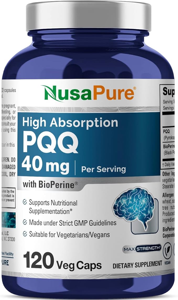 NusaPure PQQ Supplement 40 mg, 120 Veggie Capsules, Non-GMO, Pyrroloquinoline Quinone Disodium Salt, Bioperine & Vegan