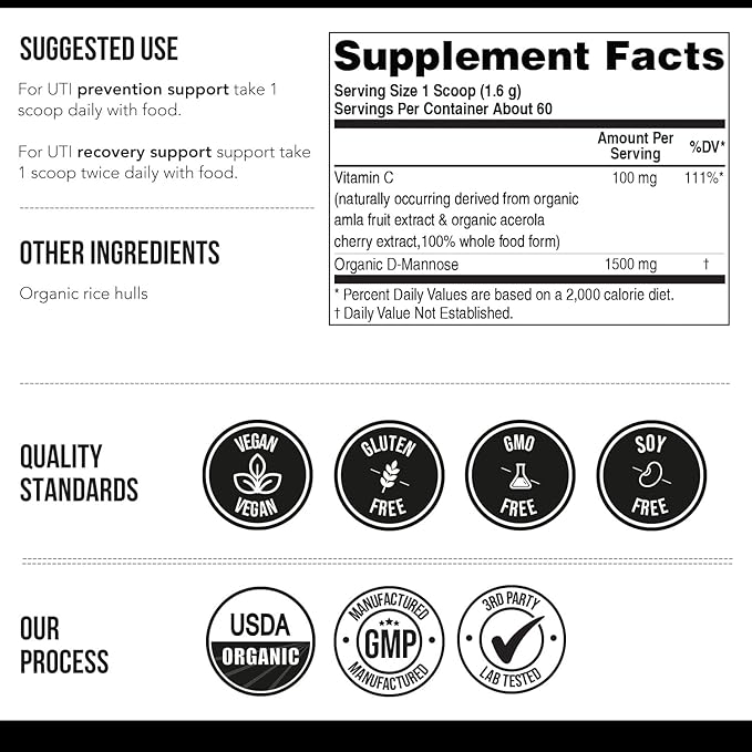 Mannose-C - Organic D Mannose Powder + Whole Food Vitamin C, Natural UTI Support Supplement to Flush & Cleanse Urinary Tract, Certified Organic Urinary Health for Women, Vegan, Non-GMO (60 Servings)