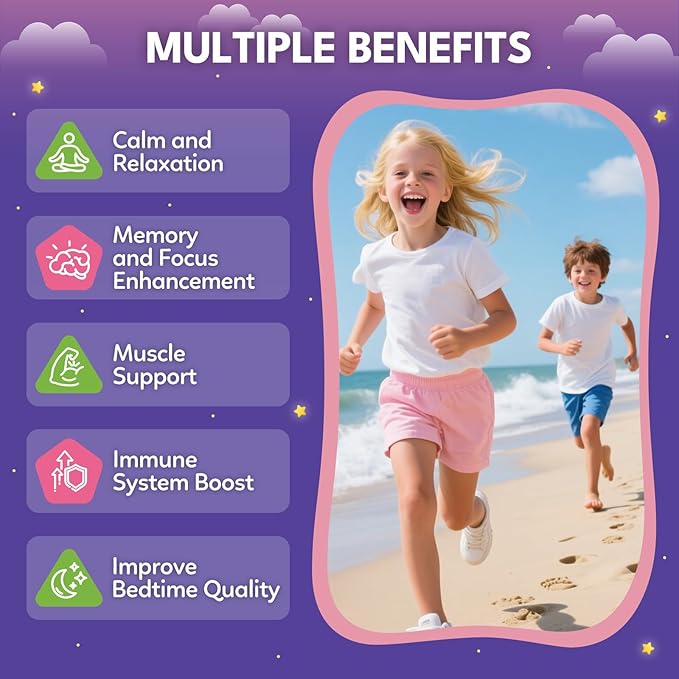 Magnesium Calming Gummies for Kids 4+ & Adults, Sugar Free Magnesium Supplement with L-Theanine, Chamomile, Vitamins B6, D3, K2, Zinc for Sleep, Relaxation, Focus & Muscle Support, Strawberry Flavor