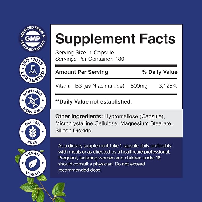 Pure Vitamin B3 Niacinamide 500mg Capsules - Niacinamide (Vit B3) 500mg Flush Free Form of B3 Vitamins for Skin Health Detox & NAD Production Support for Women & Men - Healthy Skin Supplement - 180 Ct