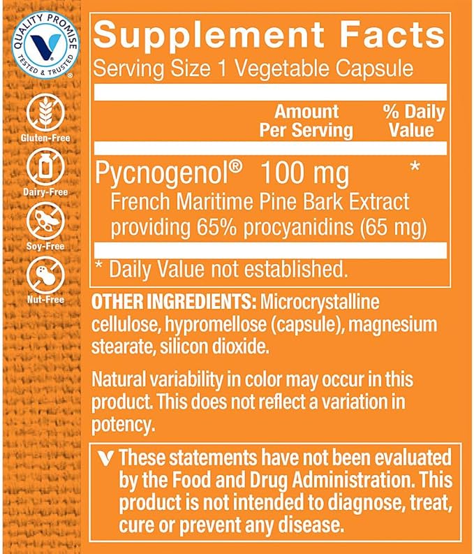 The Vitamin Shoppe Pycnogenol 100mg Antioxidant That Supports Cardiovascular, (30 Capsules)