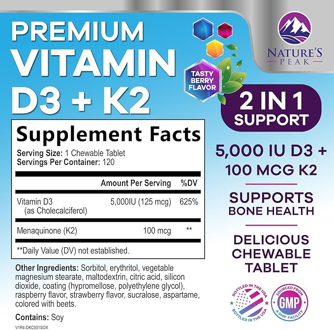 Vitamin D3 K2 - 5000 iu Vitamin D3 & 100 mcg Vitamin K2 (MK-7) per Serving - Calcium Absorption, Bone & Heart Health Support - Berry Chewable, Gluten Free, Non-GMO, Bottled in USA - 120 Tablets