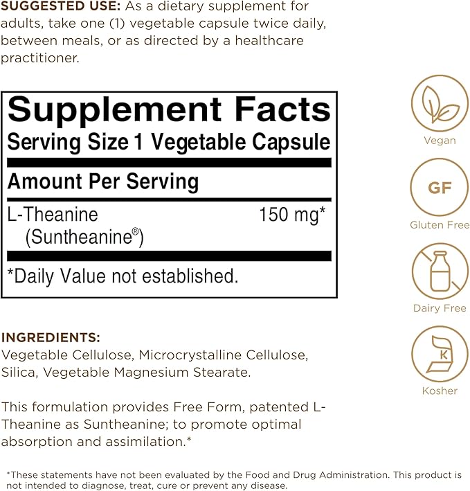 Solgar L-Theanine 150 mg - 60 Vegetable Capsules - Promotes Relaxation - Non-GMO, Vegan, Kosher & Gluten Free - 60 Servings