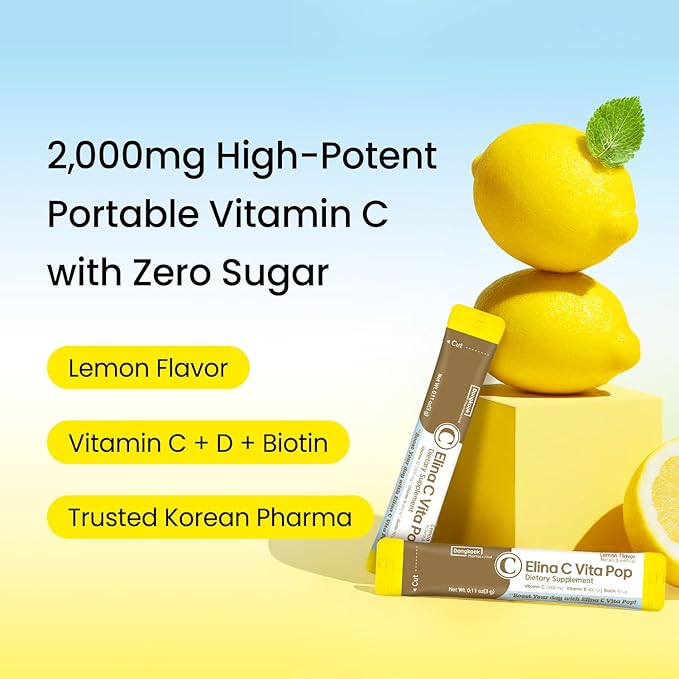 DONGKOOK Vita Pop 2,000mg Vitamin C Vitamin D & Biotin Powder Per Stick, Sugar Free Korean Vitamin C Supplements Multivitamin Advanced Immune Support for Woman Skin Hair, Lemon Powder Drink 100 Packet