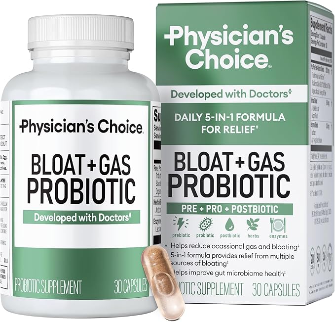 Physician's CHOICE Bloat & Gas Probiotic 5-in-1 Proactive Support + Daily Relief - Digestion & Gut Health- Herbals, Digestive Enzymes, Post & Prebiotics - Gas Relief for Adults - Women & Men - 30ct