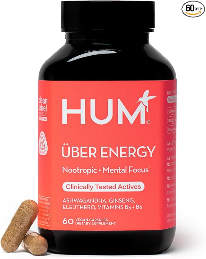 HUM Uber Energy Adrenal Energy Support Supplement with Ashwagandha Root, Ginseng, B Vitamins, Vitamin B6, B5, and Adaptogens, Supplements for Adrenal Fatigue Support, 60 Vegan Capsules