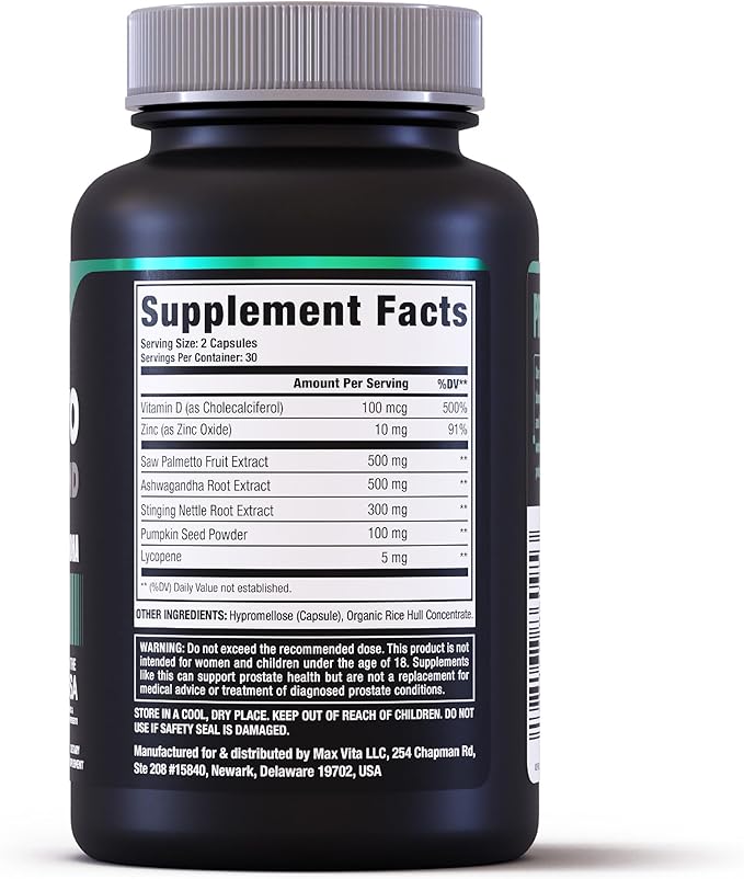 MaxVita Prostate Premium - Saw Palmetto for Men, Stinging Nettle, Ashwagandha, Lycopene, Bladder & Urinary Relief, Prostate Supplement for Men, 60ct