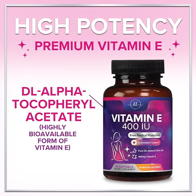 Vitamin E - 180 mg per Serving - Powerful Hair & Skin Support Supplement - dl-Alpha VitaminE Immune Health Support with Antioxidants - Easily Absorbed GMO & Gluten Free, Bottled in USA - 60 Softgels