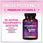 Vitamin E - 180 mg per Serving - Powerful Hair & Skin Support Supplement - dl-Alpha VitaminE Immune Health Support with Antioxidants - Easily Absorbed GMO & Gluten Free, Bottled in USA - 60 Softgels