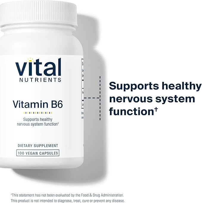 Vital Nutrients Vitamin B6 - Vegan Pyridoxine HCl B6 Vitamins for Nervous System, Muscle, Bone Health* - High-Potency Vitamin B6 for Menstrual Discomfort * - Gluten, Dairy, Soy Free -100 Capsules