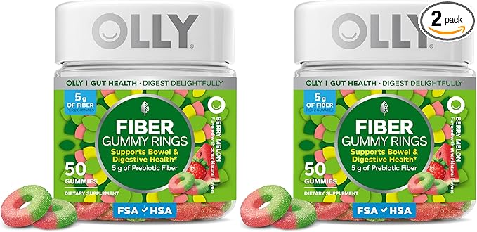 OLLY Fiber Gummy Rings, 5g Prebiotic Fiber, FOS (Fructo-oligosaccharides), Digestive Support, Berry Melon 50ct (Pack of 2)