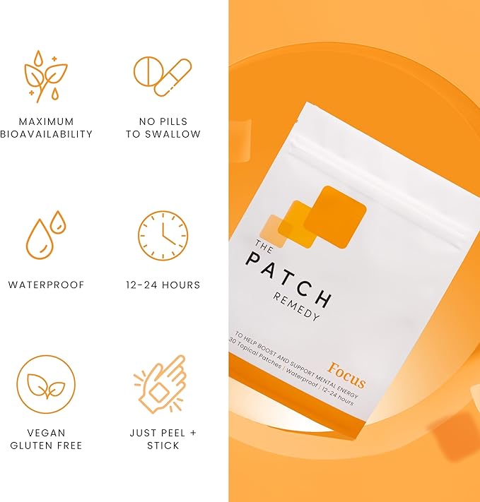 The Patch Remedy Focus Patch | Ginkgo Biloba, Acetyl-L-Carnitine, Bacopa, Magnesium L-Threonate, Green Tea | 30 Patches