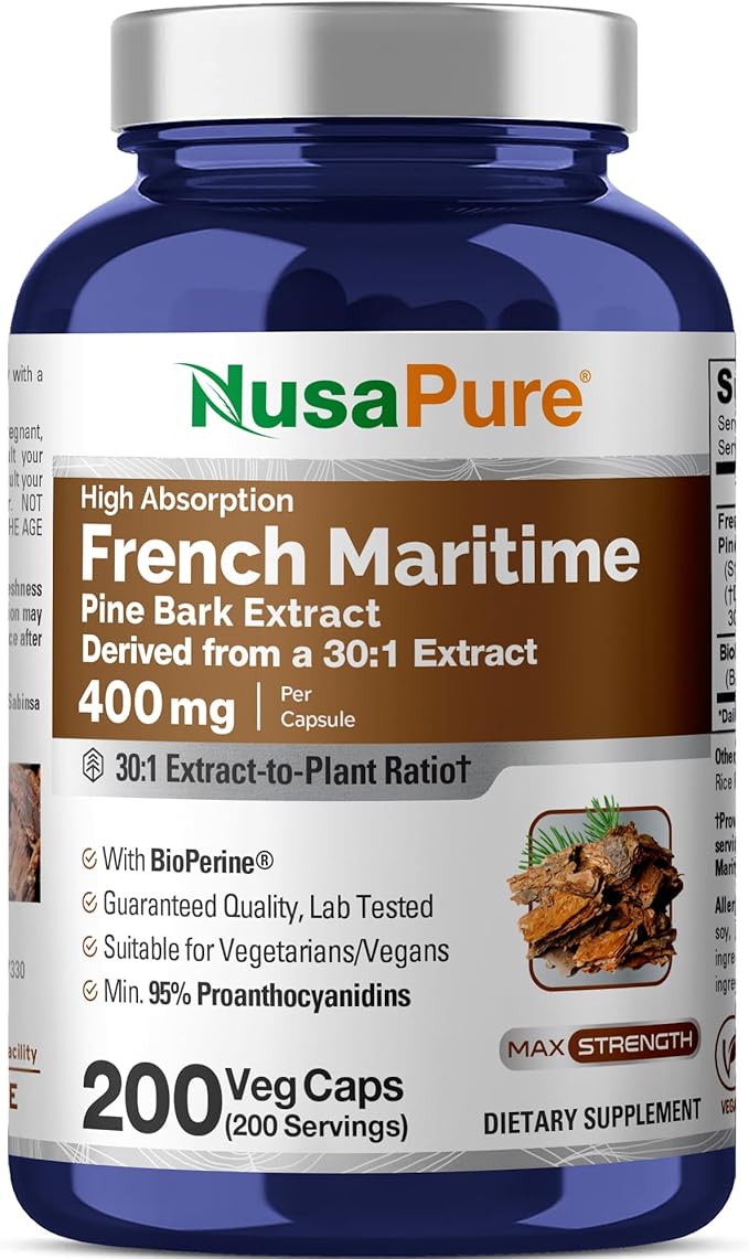 NusaPure French Maritime Pine Bark Capsules, 400 mg, 200 Veg Capsules (Non-GMO, Vegan)