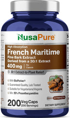 NusaPure French Maritime Pine Bark Capsules, 400 mg, 200 Veg Capsules (Non-GMO, Vegan)